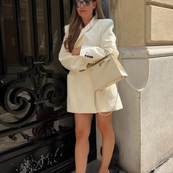 White Stand Collar Jacket Coat Double Pocket Elegant Socialite Women Cuff Button - Picture 4 of 15